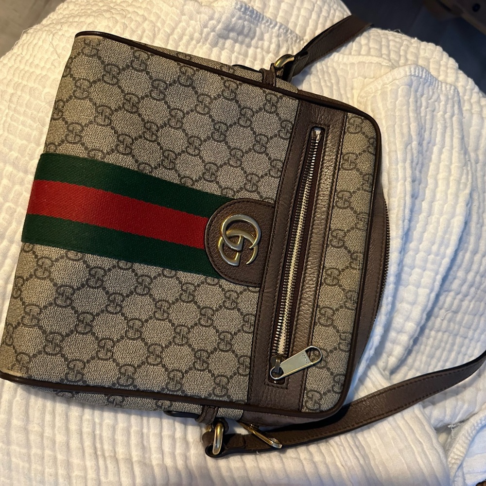 Gucci Beige and Brown Messenger Bag with Green and Red Stripe